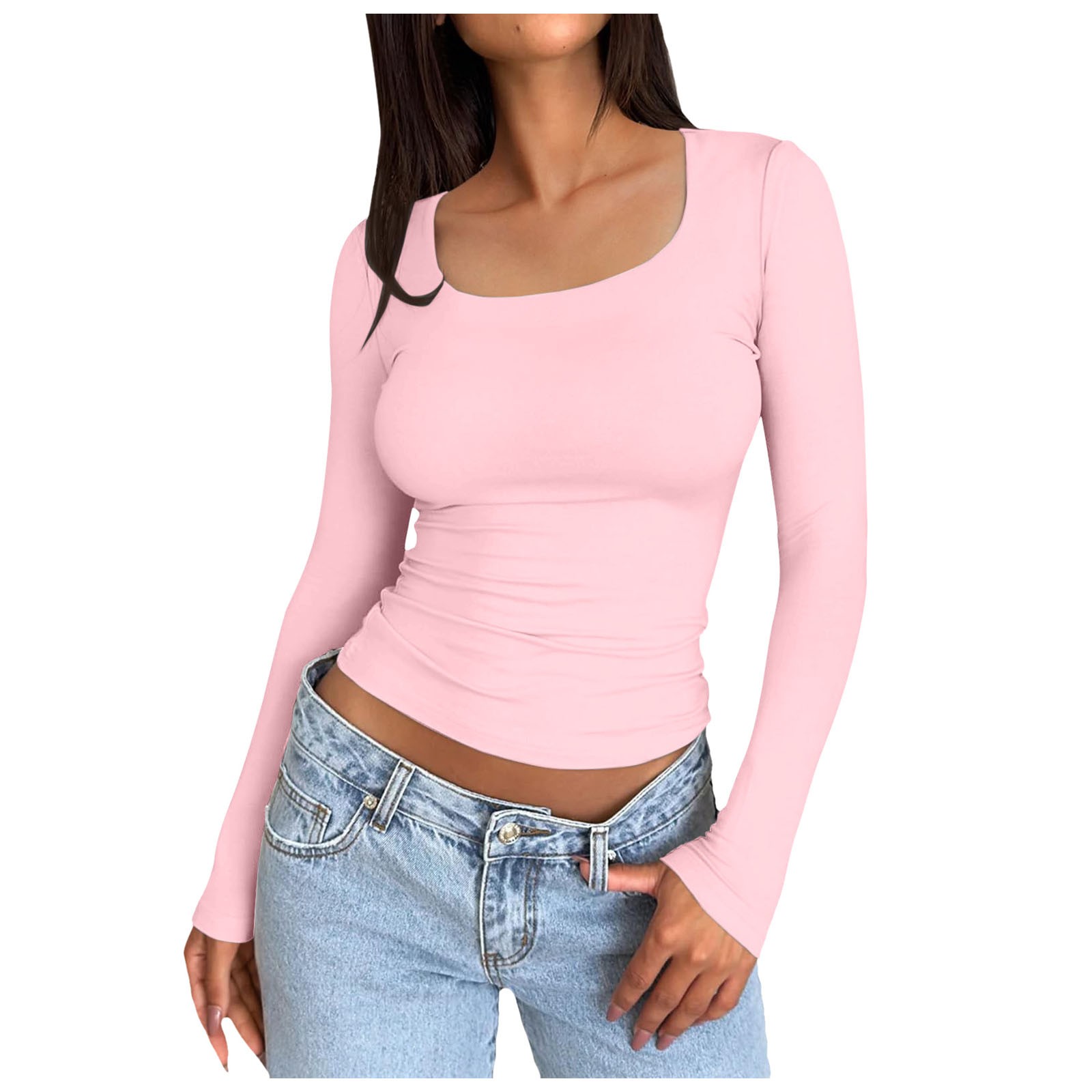 Tops ajustados para mujer: top corto de manga larga y cuello redondo, básico, ajustado, mezcla de poliéster, para entrenamiento/yoga/informal, tallas S-XL